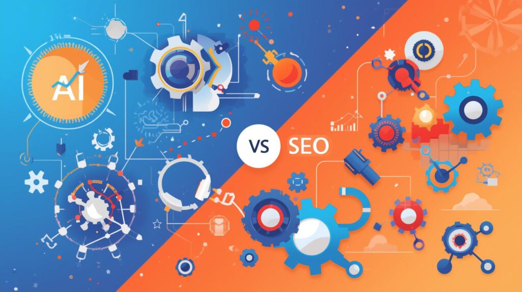 Illustration zum Vergleich von AI-Optimierung und klassischem SEO mit Zahnrädern, Datenanalyse und künstlicher Intelligenz