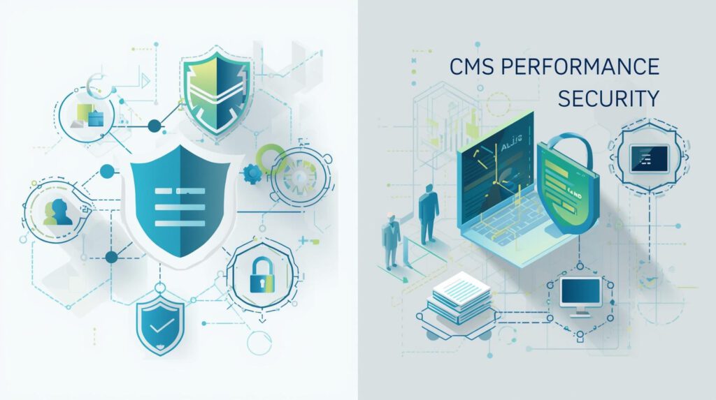 Illustration zur CMS Performance und Sicherheit mit Schutzschild, Laptop, Server und Sicherheitsfunktionen für Website Optimierung.