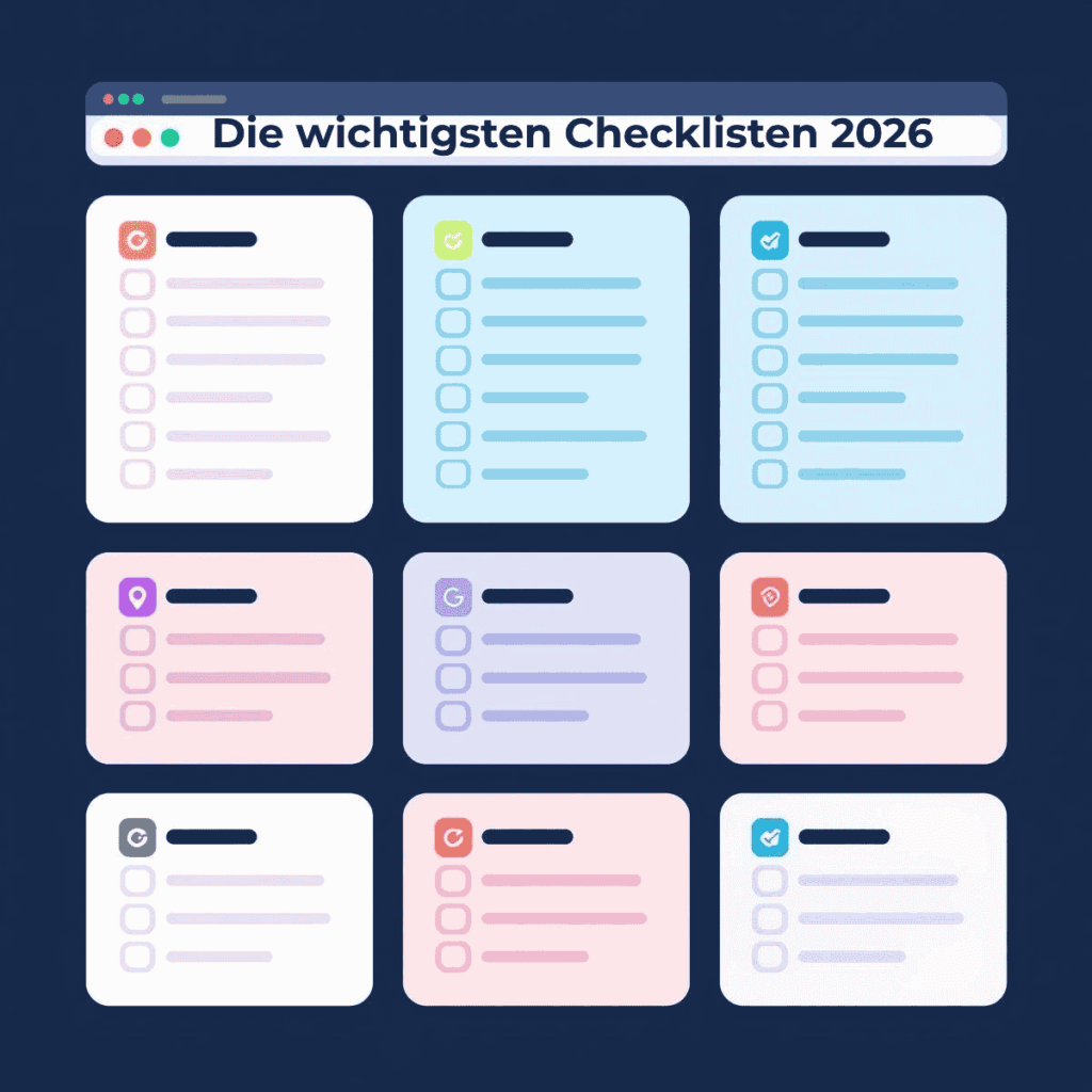 Übersichtsgrafik zu den wichtigsten Website-Checklisten für 2026 von aduqo design mit Fokus auf SEO, GEO, UX, Barrierefreiheit und Conversion Optimierung