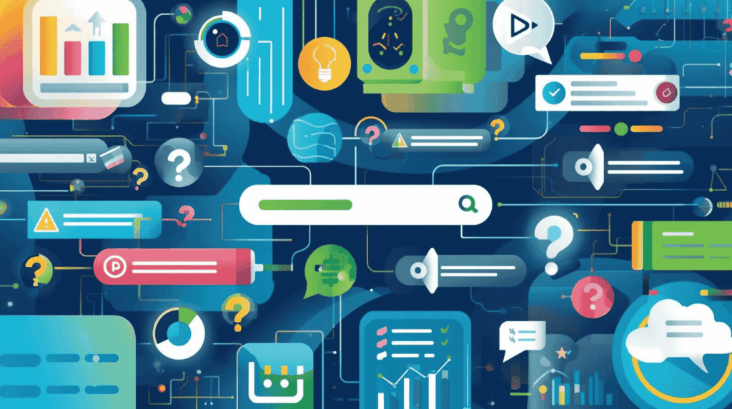 Illustration zu AI-Search Engines und Generative Search mit Analyse-Dashboard und Suchmaschinen-Optimierung