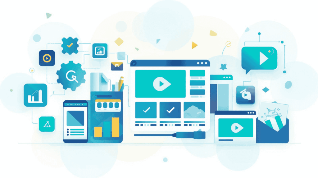 Illustration zur Bild- und Video-Optimierung im Webdesign mit Video Player, Diagrammen und Performance-Optimierung auf Desktop und mobilen Geräten.