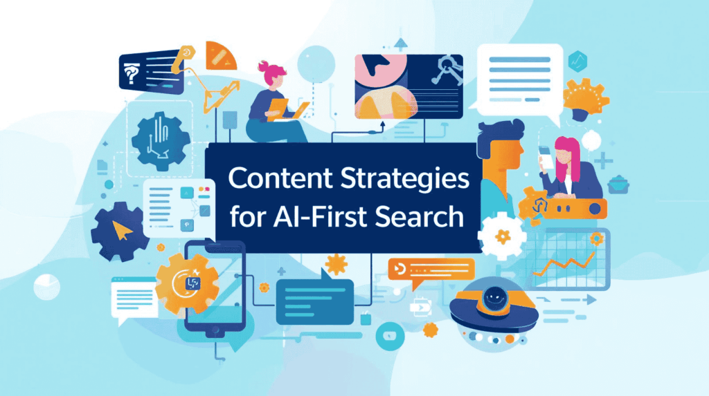 Illustration zu Content Strategien für AI First Search mit Symbolen für KI, SEO und Content Marketing