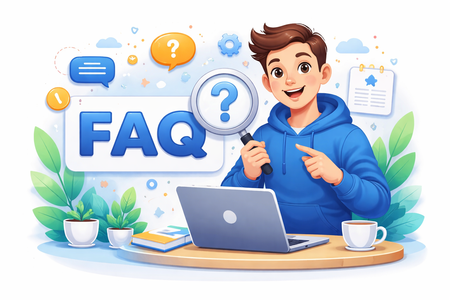 Illustration einer Person mit Laptop und Lupe vor FAQ Symbolen für häufige Fragen zu Webdesign, SEO und AI-Optimierung