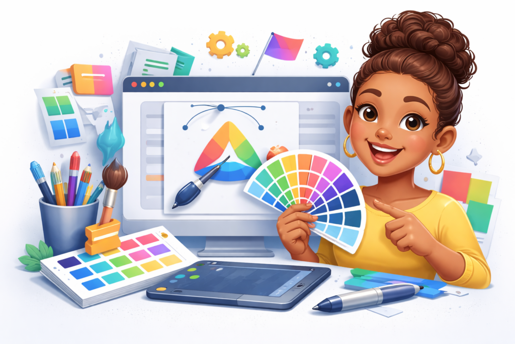 Illustration einer Designerin mit Grafiktools, Farbpalette und Corporate Design Elementen für Branding und Grafikdesign