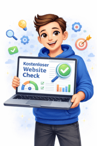 Illustration eines kostenlosen Website Checks mit Analyse, SEO Optimierung und Performance Verbesserung