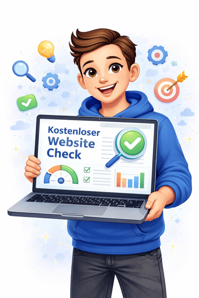 Illustration eines kostenlosen Website Checks mit Analyse, SEO Optimierung und Performance Verbesserung