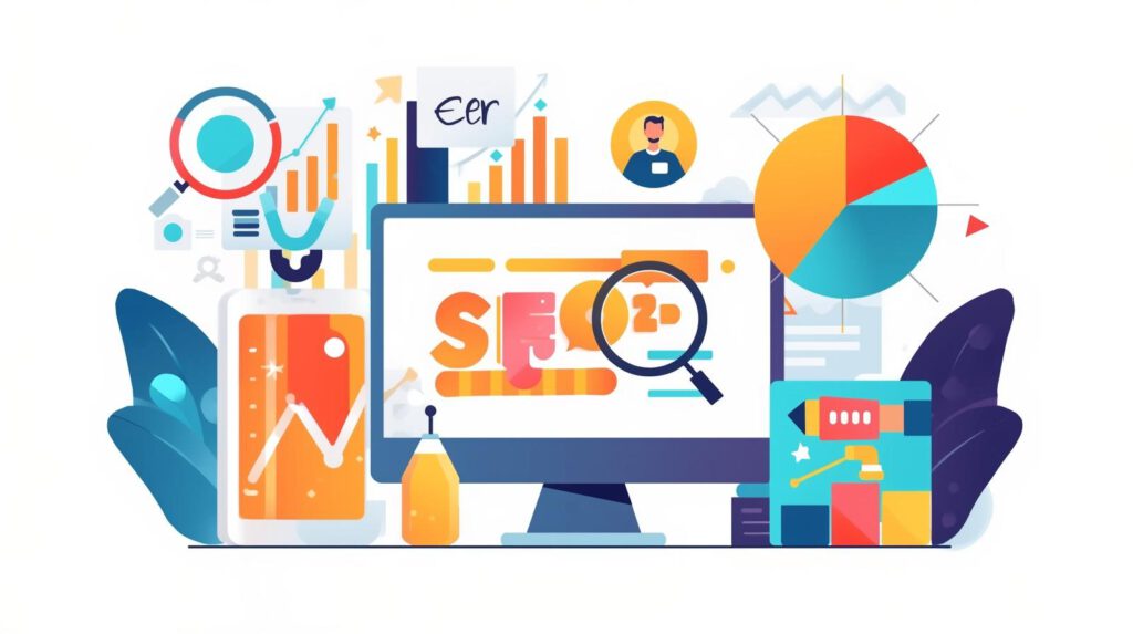 Illustration zu SEO 2026 für KMU mit Diagrammen, Suchmaschinenoptimierung und KI-Suche