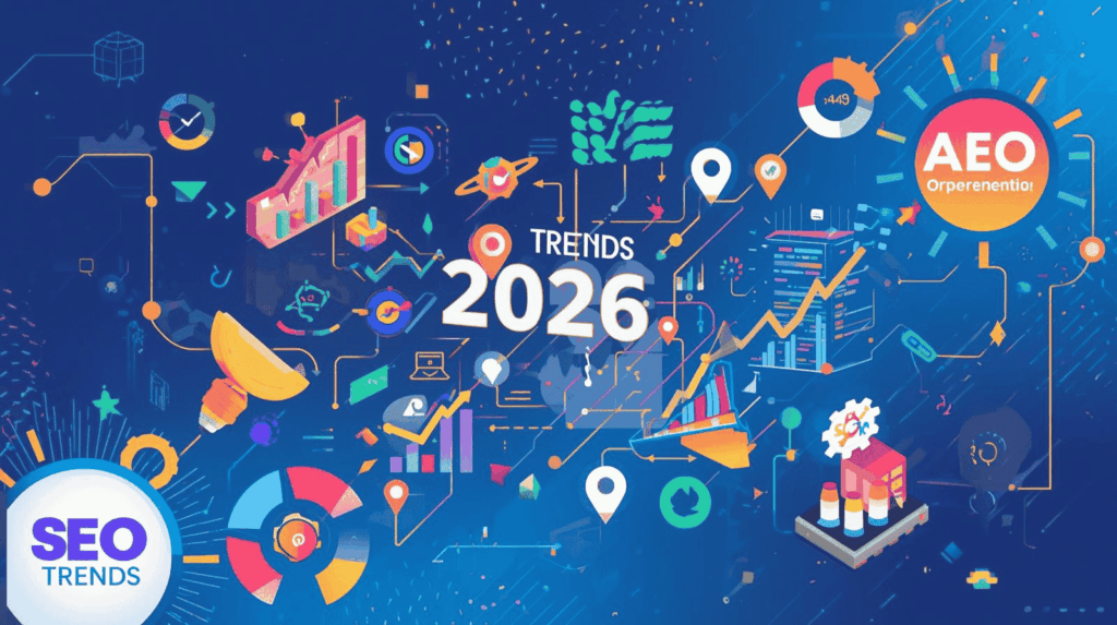 Illustration zu SEO Trends 2026 mit KI Suchmaschinen und Datenanalyse