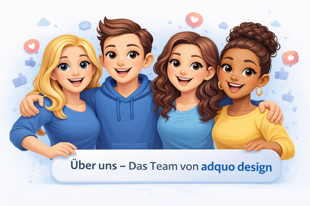 Illustration des Teams von adquo design mit Personen für Webdesign, SEO, Content Marketing und Grafikdesign