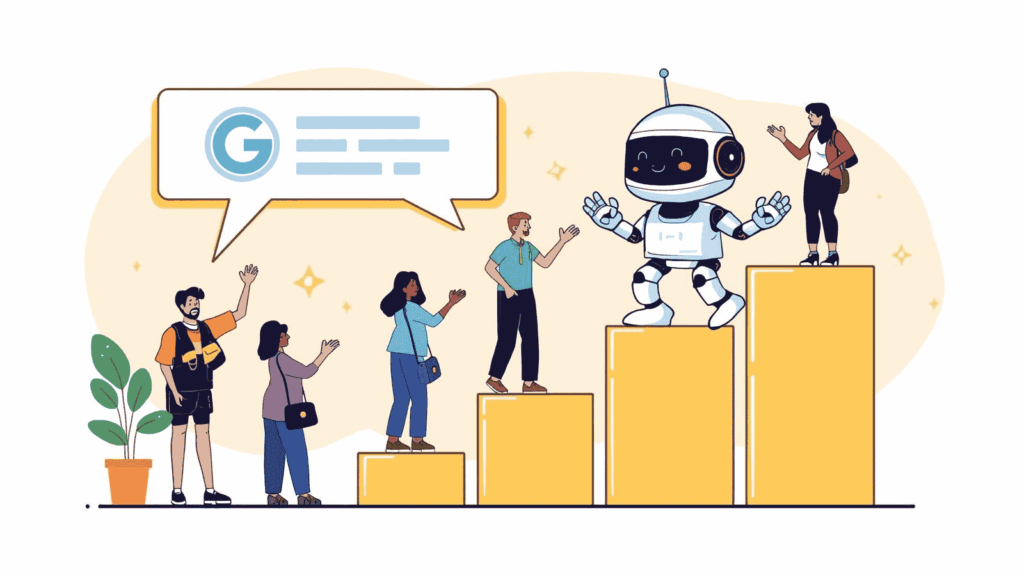 Illustration zu vertrauenswürdigem Content für KI mit Symbolen für SEO, Rankings und Sichtbarkeit