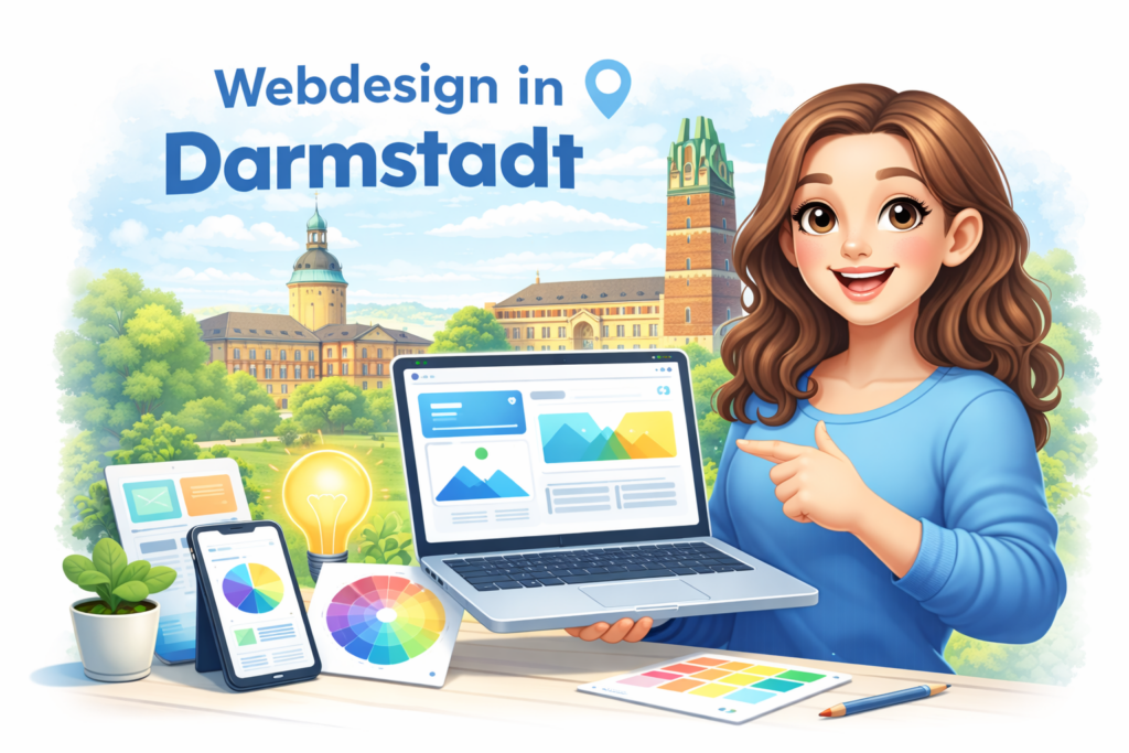 Webdesignerin mit Laptop vor Darmstadt-Skyline – Webdesign in Darmstadt von adquo design