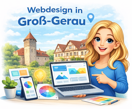 Webdesign Groß-Gerau – Illustration einer Webdesignerin mit Laptop und moderner Website von adquo design