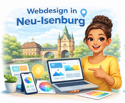 Webdesign Neu-Isenburg – Webdesignerin mit Laptop und moderner Website Illustration