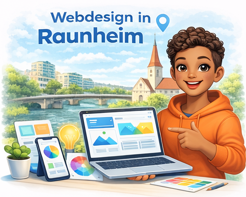 Webdesign Raunheim – Webdesigner mit Laptop und moderner Website Illustration