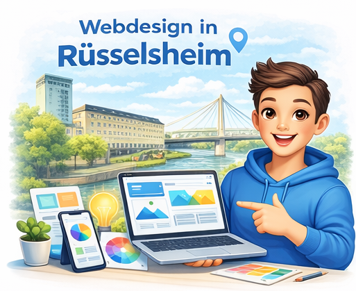 Webdesign Rüsselsheim – Illustration eines Webdesigners mit moderner Website von adquo design