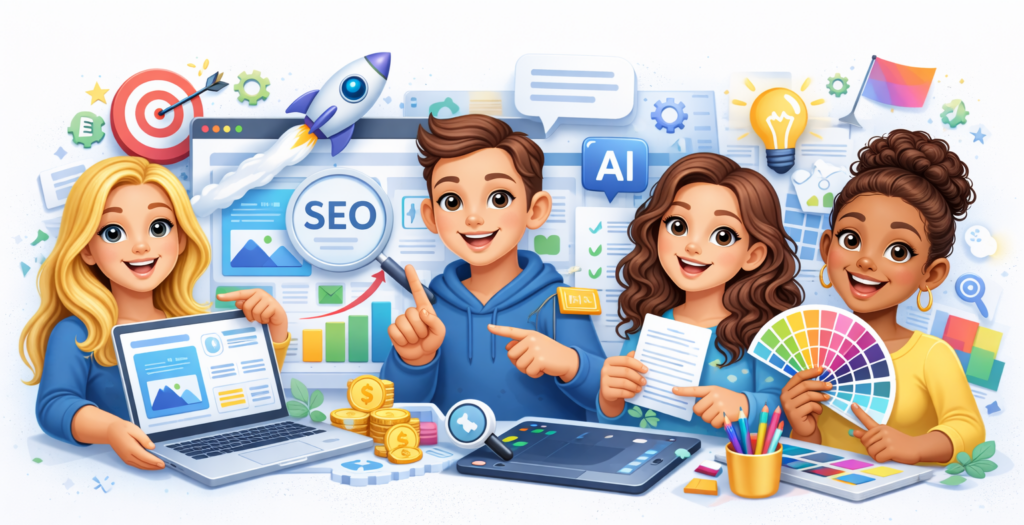 Illustration mehrerer Personen für Webdesign, SEO, Content Marketing, Grafik und digitale Barrierefreiheit