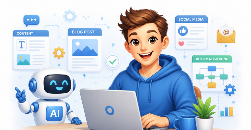 KI und Content Automatisierung – Illustration mit Laptop, AI-Assistent und automatisierten Content-Prozessen