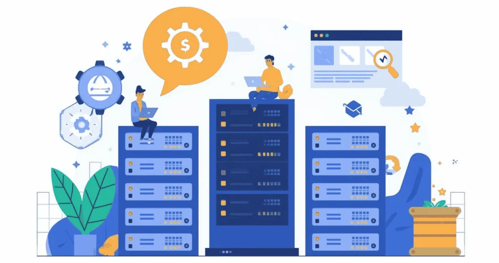 Illustration zu Webhosting und Server-Infrastruktur mit Cloud, Netzwerk und Performance-Optimierung für Websites.