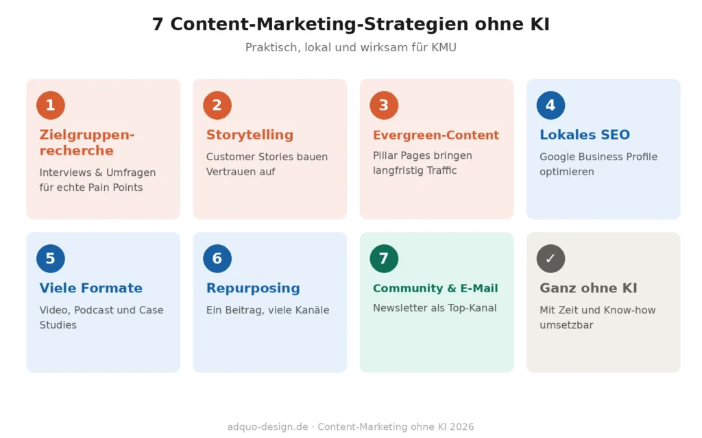 Rasterförmige Übersicht mit sieben Content-Marketing-Strategien ohne KI: 1. Zielgruppenrecherche per Interviews und Umfragen, 2. Storytelling und Markenbotschaften, 3. Evergreen-Content und Pillar Pages, 4. Lokales SEO und Google Business Profile, 5. Vielseitige Formate wie Video und Podcast, 6. Repurposing und manuelle Distribution, 7. Community-Building und E-Mail-Marketing. Alle Strategien funktionieren mit Zeit und Know-how statt mit KI-Tools.