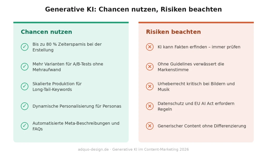 Zweispaltige Gegenüberstellung. Linke Spalte (grün, Chancen nutzen): bis zu 80 Prozent Zeitersparnis bei der Inhaltserstellung, mehr Varianten für A/B-Tests, skalierte Produktion für Long-Tail-Keywords, dynamische Personalisierung für Buyer Personas, automatisierte Meta-Beschreibungen und FAQs. Rechte Spalte (orange, Risiken beachten): KI kann Fakten erfinden, ohne Guidelines verwässert die Markenstimme, Urheberrecht bei Bildern und Musik, Datenschutz und EU AI Act, generischer Content ohne Differenzierung.