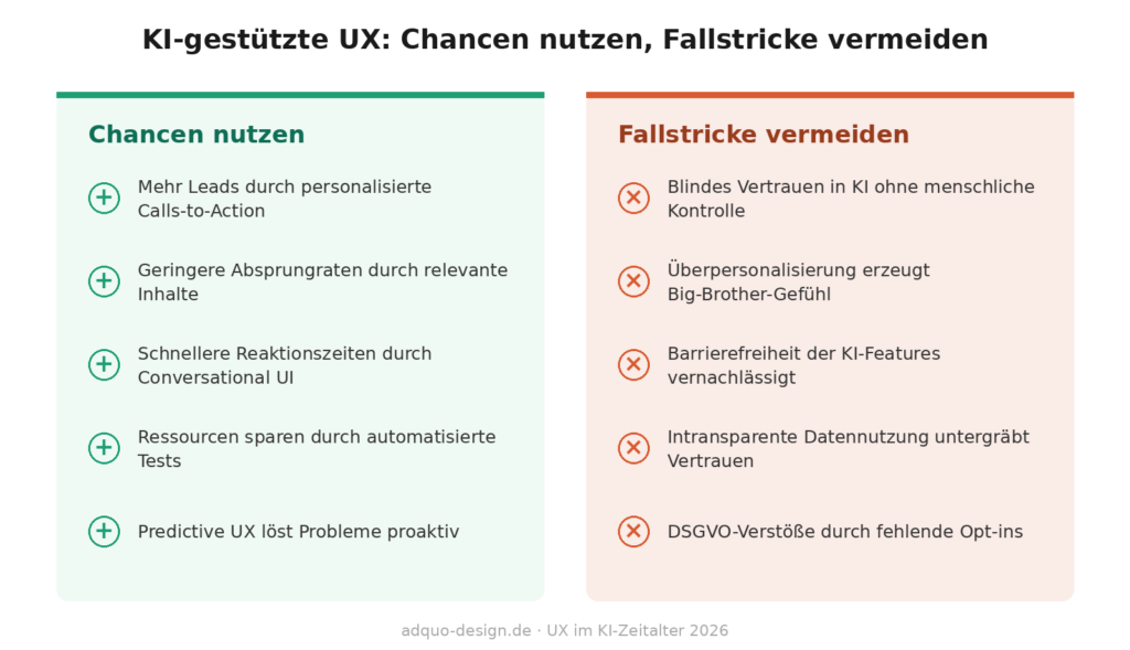 Zweispaltige Gegenüberstellung. Linke Spalte (grün, Chancen nutzen): mehr Leads durch personalisierte Calls-to-Action, geringere Absprungraten durch relevante Inhalte, schnellere Reaktionszeiten durch Conversational UI, Ressourcen sparen durch automatisierte Tests, Predictive UX löst Probleme proaktiv. Rechte Spalte (orange, Fallstricke vermeiden): blindes Vertrauen in KI ohne menschliche Kontrolle, Überpersonalisierung erzeugt Big-Brother-Gefühl, vernachlässigte Barrierefreiheit, intransparente Datennutzung, DSGVO-Verstöße durch fehlende Opt-ins.