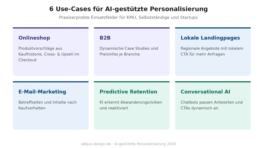 Übersicht mit sechs Use-Cases für AI-gestützte Personalisierung: Onlineshop mit Produktvorschlägen aus Browsing- und Kaufhistorie, B2B mit dynamischen Case Studies je Branche, lokale Landingpages mit regionalen Angeboten, E-Mail-Marketing mit verhaltensbasierten Betreffzeilen, Predictive Retention zur Erkennung von Abwanderungsrisiken und Conversational AI mit dynamisch angepassten Chatbot-Antworten.