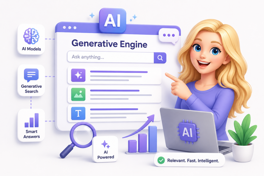 Illustration einer KI-Suchmaschine mit generativen Antworten: Suchfeld, KI-Modelle, Smart Answers und Wachstums-Diagramm – Generative Engine Optimization (GEO)