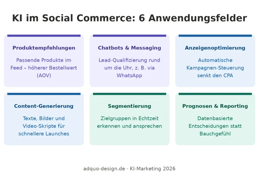 Übersichtsraster mit sechs Karten zu KI-Anwendungen im Social Commerce: Produktempfehlungen für höhere Bestellwerte, Chatbots und Conversational Commerce für Lead-Qualifizierung rund um die Uhr, automatisierte Anzeigenoptimierung zur CPA-Senkung, KI-Content-Generierung für schnellere Kampagnen, Zielgruppensegmentierung in Echtzeit sowie Prognosen und Reporting für datenbasierte Entscheidungen.
