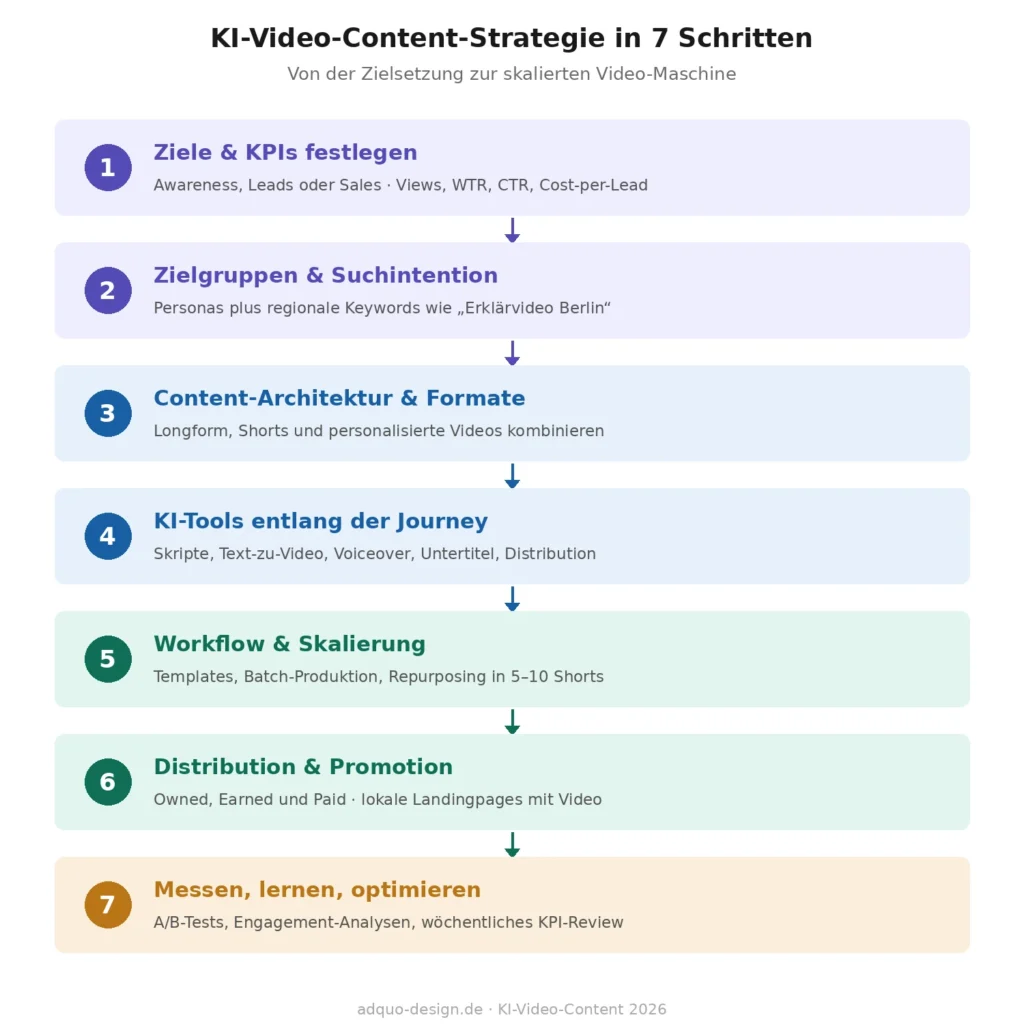 Vertikales Flussdiagramm mit sieben Schritten zur KI-basierten Video-Content-Strategie: Schritt 1 Ziele und KPIs festlegen, Schritt 2 Zielgruppen und Suchintention analysieren mit regionalen Keywords, Schritt 3 Content-Architektur und Formate wählen (Longform, Shorts, personalisiert), Schritt 4 KI-Tools entlang der Customer Journey einsetzen, Schritt 5 Workflow und Skalierung mit Templates und Batch-Produktion, Schritt 6 Distribution über Owned, Earned und Paid Media, Schritt 7 messen, lernen und optimieren. Pfeile verbinden die Schritte von oben nach unten.
